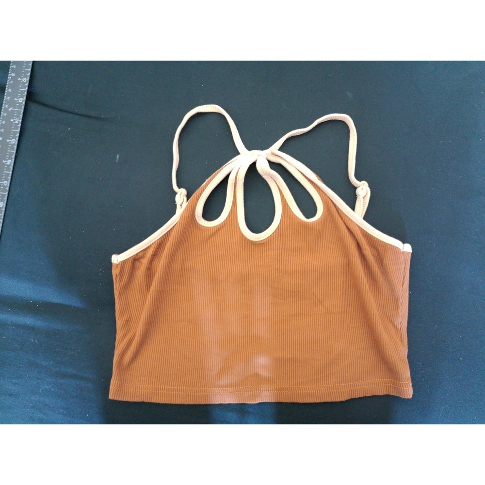 SHEIN Cami Crop Top Womens Medium Brown Y2K Ribbed Cutout Boho Festival Tank